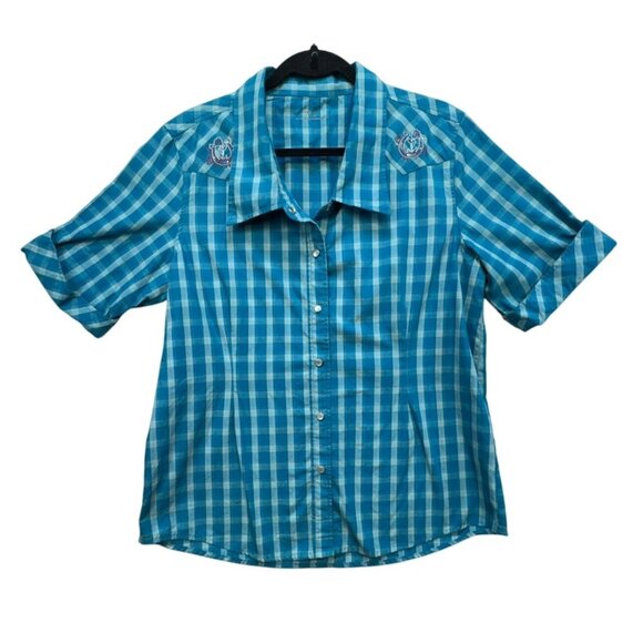 Bit & Bridle Womens Button-Up Short Sleeve Shirt L Blue Plaid Embroidered Accent - Picture 1 of 9